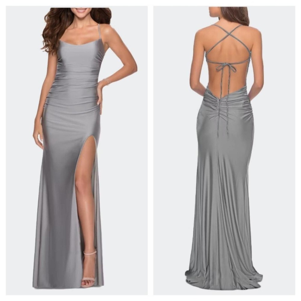 La Femme Long Tie Up Back Jersey Dress with Ruching Thigh High Slit in Silver